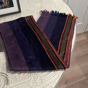 Purple striped design cashmere sweater. 72” x 10” not including fringe.